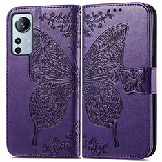 Funda de Cuero Cartera con Soporte Mariposa Carcasa para Xiaomi Mi 12 5G Morado