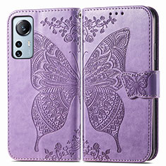 Funda de Cuero Cartera con Soporte Mariposa Carcasa para Xiaomi Mi 12 5G Purpura Claro