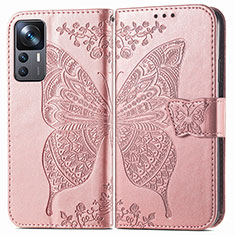 Funda de Cuero Cartera con Soporte Mariposa Carcasa para Xiaomi Mi 12T Pro 5G Rosa