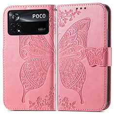 Funda de Cuero Cartera con Soporte Mariposa Carcasa para Xiaomi Poco X4 Pro 5G Rosa Roja