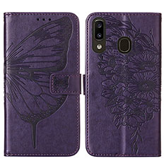 Funda de Cuero Cartera con Soporte Mariposa Carcasa Y01B para Samsung Galaxy A20 Morado