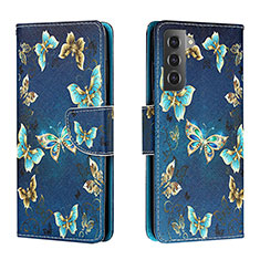 Funda de Cuero Cartera con Soporte Patron de Moda Carcasa H01X para Samsung Galaxy S22 Plus 5G Azul Real