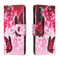 Funda de Cuero Cartera con Soporte Patron de Moda Carcasa H02X para Samsung Galaxy S22 5G Rosa Roja