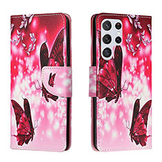 Funda de Cuero Cartera con Soporte Patron de Moda Carcasa H02X para Samsung Galaxy S23 Ultra 5G Rosa Roja