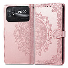 Funda de Cuero Cartera con Soporte Patron de Moda Carcasa para Xiaomi Poco C40 Oro Rosa