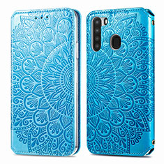 Funda de Cuero Cartera con Soporte Patron de Moda Carcasa S01D para Samsung Galaxy A21 Azul