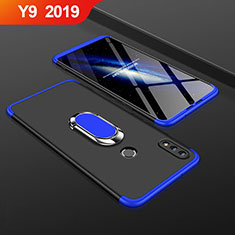 Funda Dura Plastico Rigida Carcasa Mate Frontal y Trasera 360 Grados con Anillo de dedo Soporte para Huawei Y9 (2019) Azul y Negro