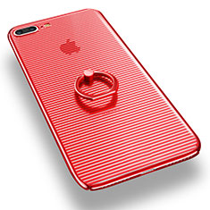 Funda Dura Plastico Rigida Transparente con Anillo de dedo Soporte para Apple iPhone 7 Plus Rojo