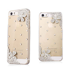 Funda Dura Rigida Lujo Diamante Brillante Flores para Apple iPhone 5 Blanco