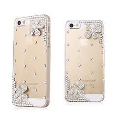 Funda Dura Rigida Lujo Diamante Brillante Flores para Apple iPhone 5S Blanco