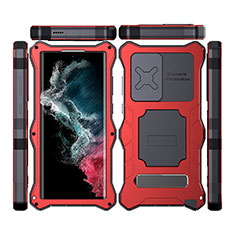 Funda Impermeable Bumper Silicona y Plastico Waterproof Carcasa 360 Grados con Soporte T02 para Samsung Galaxy S21 Ultra 5G Rojo