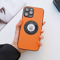 Funda Lujo Cuero Carcasa con Mag-Safe Magnetic QC3 para Apple iPhone 15 Pro Max Naranja
