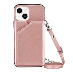 Funda Lujo Cuero Carcasa Y04B para Apple iPhone 13 Oro Rosa