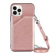 Funda Lujo Cuero Carcasa Y04B para Apple iPhone 14 Pro Oro Rosa