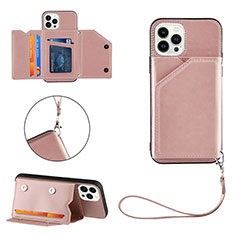 Funda Lujo Cuero Carcasa Y06B para Apple iPhone 14 Pro Oro Rosa
