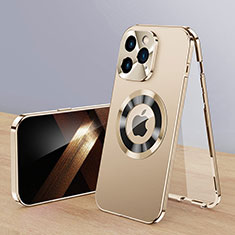 Funda Lujo Marco de Aluminio Carcasa 360 Grados con Mag-Safe Magnetic P01 para Apple iPhone 13 Pro Max Oro