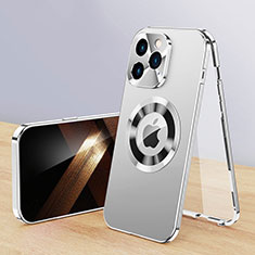 Funda Lujo Marco de Aluminio Carcasa 360 Grados con Mag-Safe Magnetic P01 para Apple iPhone 13 Pro Max Plata
