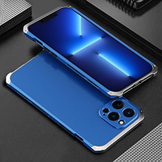 Funda Lujo Marco de Aluminio Carcasa 360 Grados para Apple iPhone 13 Pro Max Plata y Azul