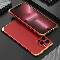 Funda Lujo Marco de Aluminio Carcasa 360 Grados para Apple iPhone 13 Pro Oro y Rojo