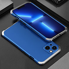Funda Lujo Marco de Aluminio Carcasa 360 Grados para Apple iPhone 14 Plus Plata y Azul