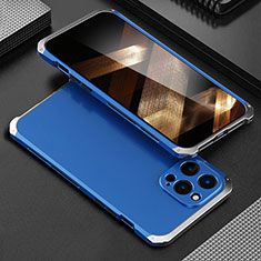 Funda Lujo Marco de Aluminio Carcasa 360 Grados para Apple iPhone 14 Pro Max Plata y Azul