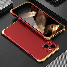 Funda Lujo Marco de Aluminio Carcasa 360 Grados para Apple iPhone 15 Oro y Rojo