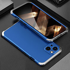 Funda Lujo Marco de Aluminio Carcasa 360 Grados para Apple iPhone 15 Plata y Azul