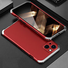 Funda Lujo Marco de Aluminio Carcasa 360 Grados para Apple iPhone 15 Plata y Rojo