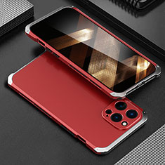 Funda Lujo Marco de Aluminio Carcasa 360 Grados para Apple iPhone 15 Pro Max Plata y Rojo