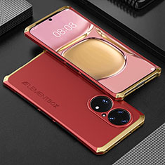 Funda Lujo Marco de Aluminio Carcasa 360 Grados para Huawei P50 Pro Oro y Rojo