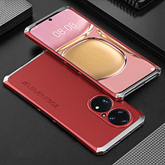 Funda Lujo Marco de Aluminio Carcasa 360 Grados para Huawei P50 Pro Plata y Rojo