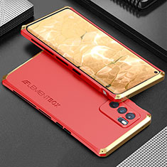 Funda Lujo Marco de Aluminio Carcasa 360 Grados para Oppo Reno6 Pro 5G India Oro y Rojo