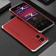 Funda Lujo Marco de Aluminio Carcasa 360 Grados para Oppo Reno7 Pro 5G Plata y Rojo