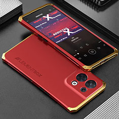 Funda Lujo Marco de Aluminio Carcasa 360 Grados para Oppo Reno9 Pro 5G Oro y Rojo