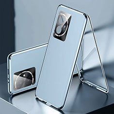 Funda Lujo Marco de Aluminio y Cuero Carcasa 360 Grados P01 para Huawei Honor 100 5G Azul