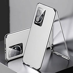 Funda Lujo Marco de Aluminio y Cuero Carcasa 360 Grados P01 para Huawei Honor 100 5G Plata