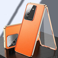 Funda Lujo Marco de Aluminio y Cuero Carcasa 360 Grados para Vivo V25 Pro 5G Naranja