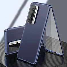 Funda Lujo Marco de Aluminio y Cuero Carcasa 360 Grados para Vivo X70 Pro 5G Azul