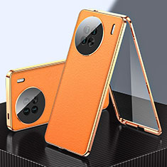 Funda Lujo Marco de Aluminio y Cuero Carcasa 360 Grados para Vivo X90 5G Naranja