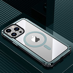 Funda Lujo Marco de Aluminio y Silicona Carcasa Bumper con Mag-Safe Magnetic QC1 para Apple iPhone 13 Pro Max Cian