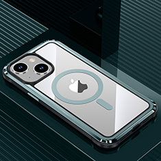 Funda Lujo Marco de Aluminio y Silicona Carcasa Bumper con Mag-Safe Magnetic QC1 para Apple iPhone 14 Cian