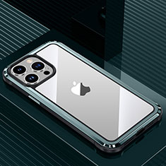 Funda Lujo Marco de Aluminio y Silicona Carcasa Bumper QC1 para Apple iPhone 13 Pro Cian