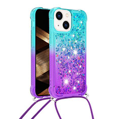 Funda Silicona Carcasa Goma Bling-Bling con Acollador Cordon Lanyard S01 para Apple iPhone 14 Plus Azul Cielo