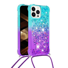 Funda Silicona Carcasa Goma Bling-Bling con Acollador Cordon Lanyard S01 para Apple iPhone 14 Pro Max Azul Cielo