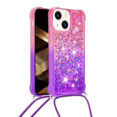 Funda Silicona Carcasa Goma Bling-Bling con Acollador Cordon Lanyard S01 para Apple iPhone 14 Rosa Roja