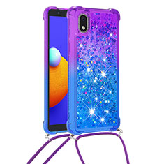 Funda Silicona Carcasa Goma Bling-Bling con Acollador Cordon Lanyard S01 para Samsung Galaxy A01 Core Morado