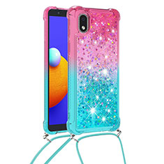 Funda Silicona Carcasa Goma Bling-Bling con Acollador Cordon Lanyard S01 para Samsung Galaxy A01 Core Rosa