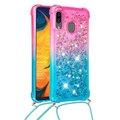 Funda Silicona Carcasa Goma Bling-Bling con Acollador Cordon Lanyard S01 para Samsung Galaxy A20 Rosa