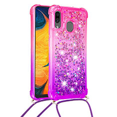 Funda Silicona Carcasa Goma Bling-Bling con Acollador Cordon Lanyard S01 para Samsung Galaxy A20 Rosa Roja