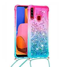 Funda Silicona Carcasa Goma Bling-Bling con Acollador Cordon Lanyard S01 para Samsung Galaxy A20s Rosa